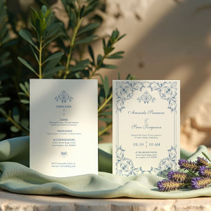 Invitación Marco decorativo tradicional azul y blanco