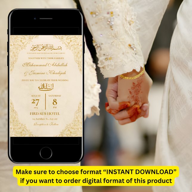 Invitación Marco del Ornato de Oro Crema Nikah Boda Musulmana (Subido por el creador)