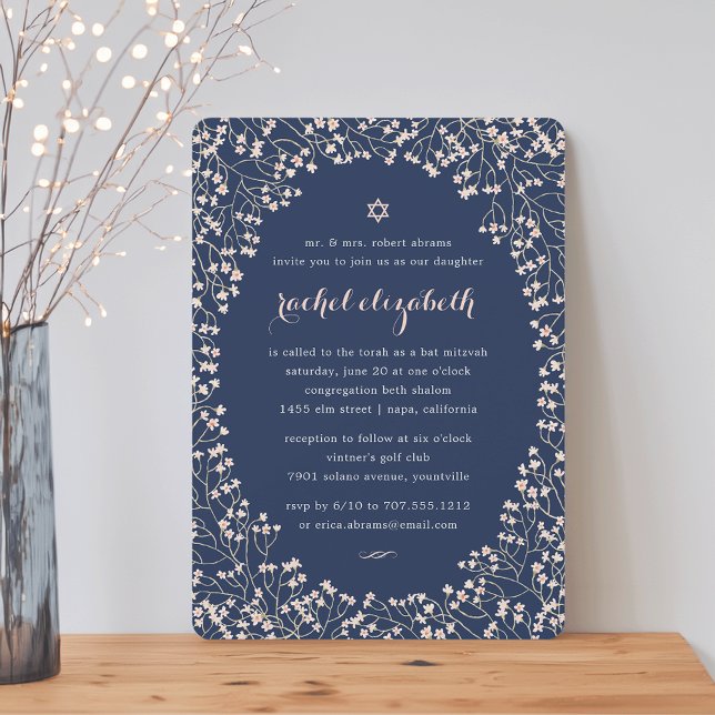 Invitación Marco delgado | Rubor & Navy Floral Bat Mitzvah (Subido por el creador)