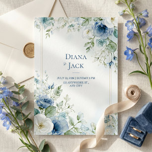 Invitación Marco Doble Rosa Dorada Botánica Azul Acero