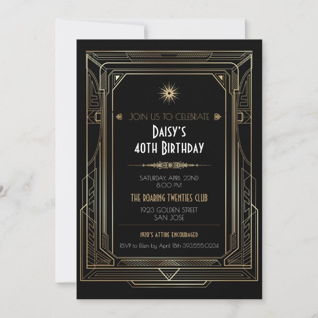 Invitación Marco dorado Art Deco rugiendo Fiesta de veinte añ (Anverso)