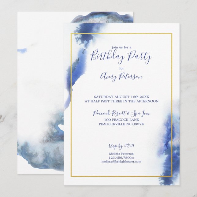 Invitación Marco dorado azul azul ocor unisex cumpleaños (Anverso / Reverso)