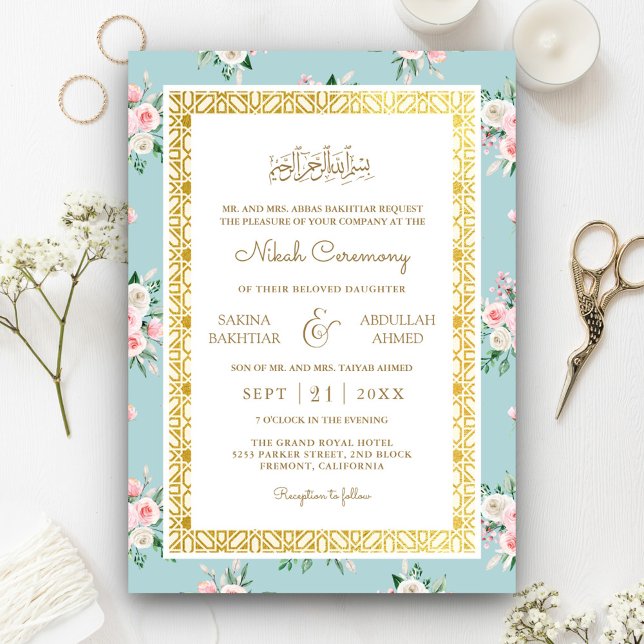 Invitación Marco dorado azul rosado floral Boda musulmán (Subido por el creador)