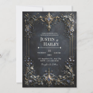 Invitación Marco dorado barroco gema azul boda verde oscuro t