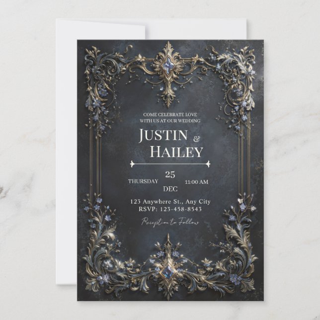 Invitación Marco dorado barroco gema azul boda verde oscuro t (Anverso)