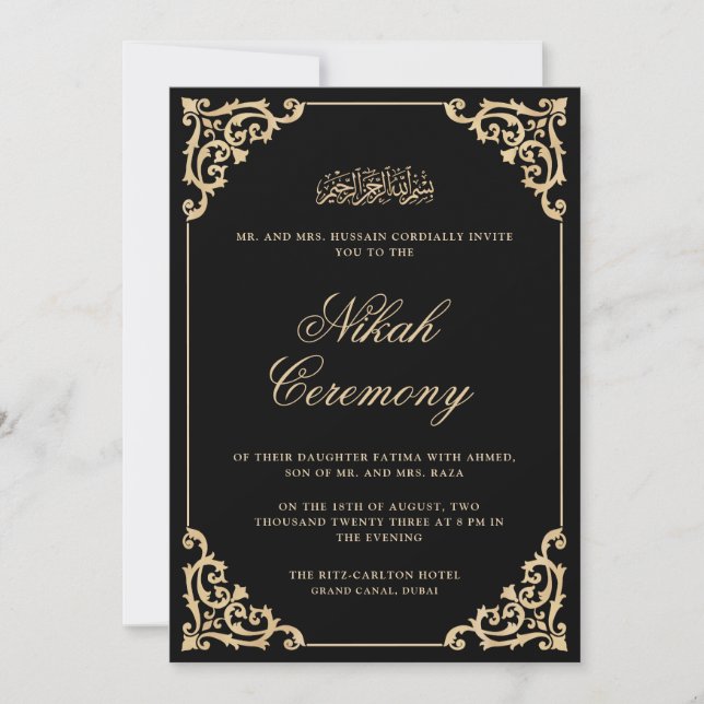 Invitación Marco dorado barroco ornamento negro Nikah Boda (Anverso)