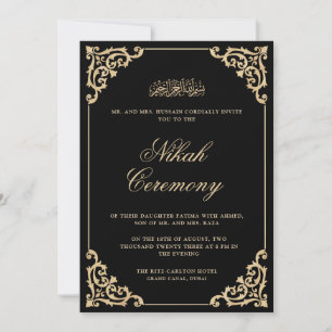 Invitación Marco dorado barroco ornamento negro Nikah Boda