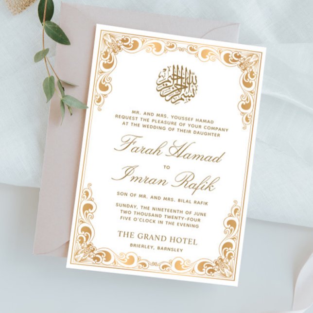 Invitación Marco dorado blanco Boda musulmán islámico (Subido por el creador)
