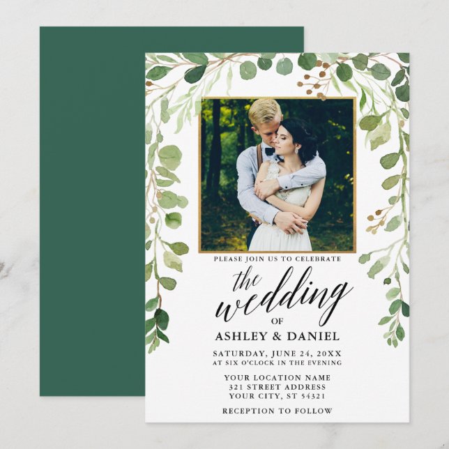 Invitación Marco dorado Boda de caligrafía verde botánica (Anverso / Reverso)