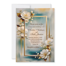 Marco dorado boda de flores blancas de fondo verde