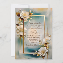 Invitación Marco dorado boda de flores blancas de fondo verde