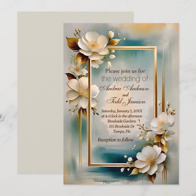 Invitación Marco dorado boda de flores blancas de fondo verde (Anverso / Reverso)