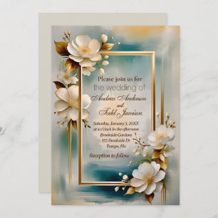 Invitación Marco dorado boda de flores blancas de fondo verde