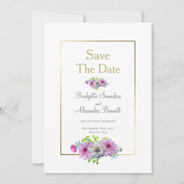 Invitación Marco dorado Boda floral de Dahlia Guardar la fech (Anverso)