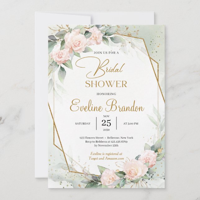 Invitación Marco dorado Boho elegante Rubor Floral Eucalyptus (Anverso)