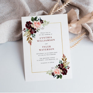 Invitación marco dorado burgundy boda floral