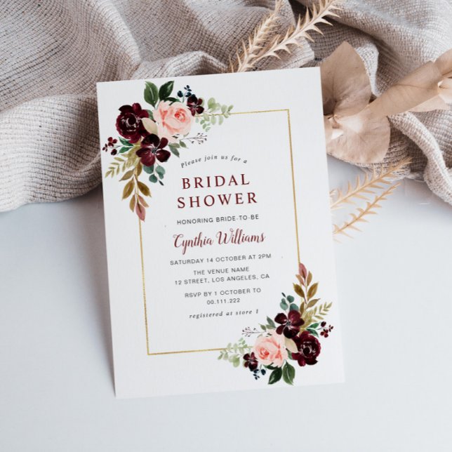 Invitación marco dorado burgundy rubor floral ducha de novia (Subido por el creador)