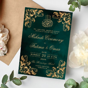 Invitación Marco dorado Ceremonia del Mehndi verde oscuro
