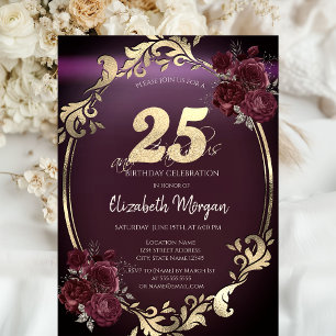 Invitación Marco Dorado Chic Rosas Borgoña Cumpleaños 25