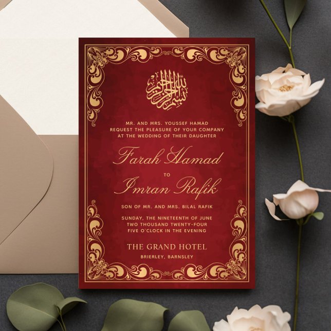 Invitación Marco dorado clásico Boda musulmán islámico rojo (Subido por el creador)