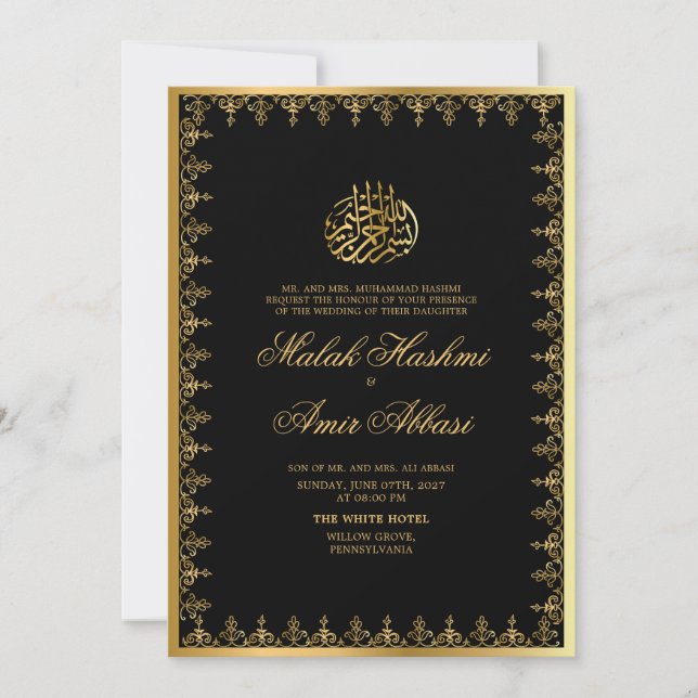 Invitación Marco dorado clásico islámico negro Boda musulmán (Anverso)