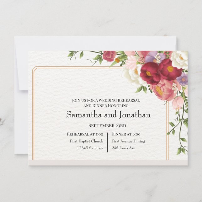 Invitación Marco dorado con flores ensayo (Anverso)