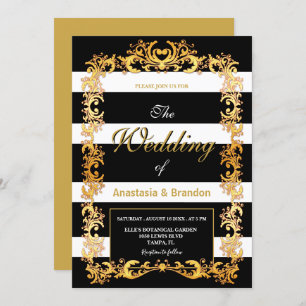 Invitación Marco dorado con franjas en blanco y negro BODA