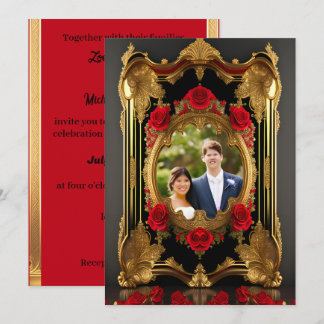 Invitación Marco dorado con rosas rojas, foto de estilo gótic