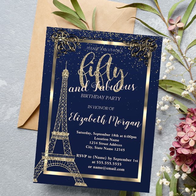 Invitación Marco dorado, cumpleaños 50 Eiffel Tower azul fies (Subido por el creador)