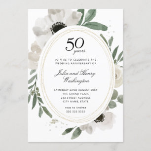 Invitación Marco Dorado de Acuarela Floral para 50 Aniversari