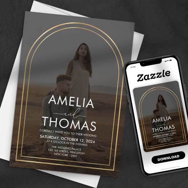 Invitación Marco Dorado de Arco para Boda de Foto Moderna (Subido por el creador)