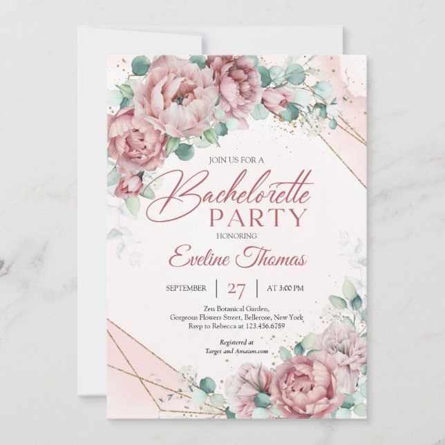 Invitación Marco dorado de eucalipto rosa polvoriento boho (Anverso)