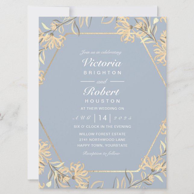 Invitación Marco dorado de flores azul turquesa Boda Invitaci (Anverso)