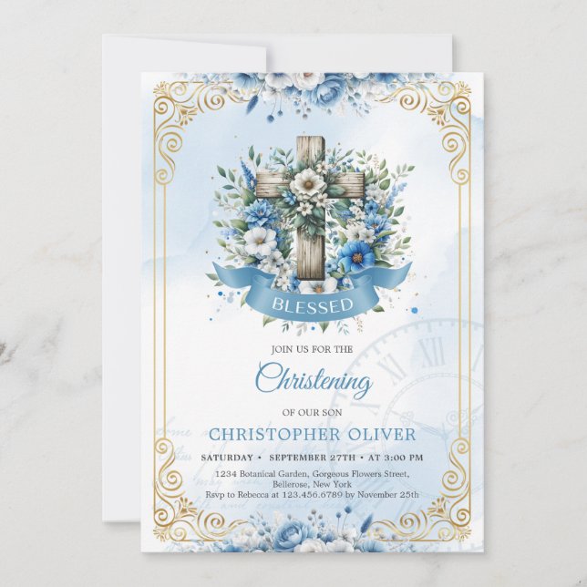 Invitación Marco dorado de flores cruzadas de madera rústica (Anverso)