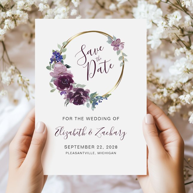 Invitación Marco dorado de flores moradas Boho Guarda la fech (Subido por el creador)