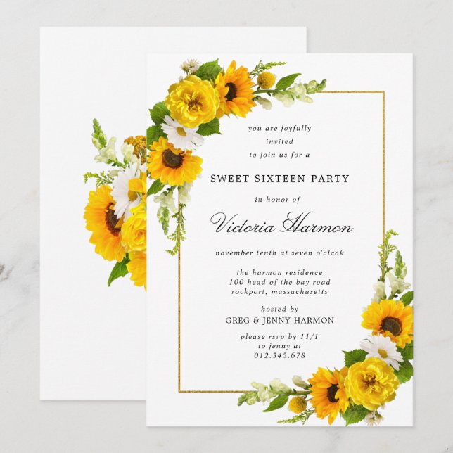 Invitación Marco dorado de girasol dulce 16 Fiesta (Anverso / Reverso)