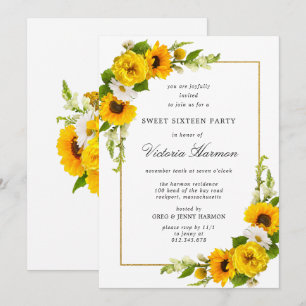 Invitación Marco dorado de girasol dulce 16 Fiesta