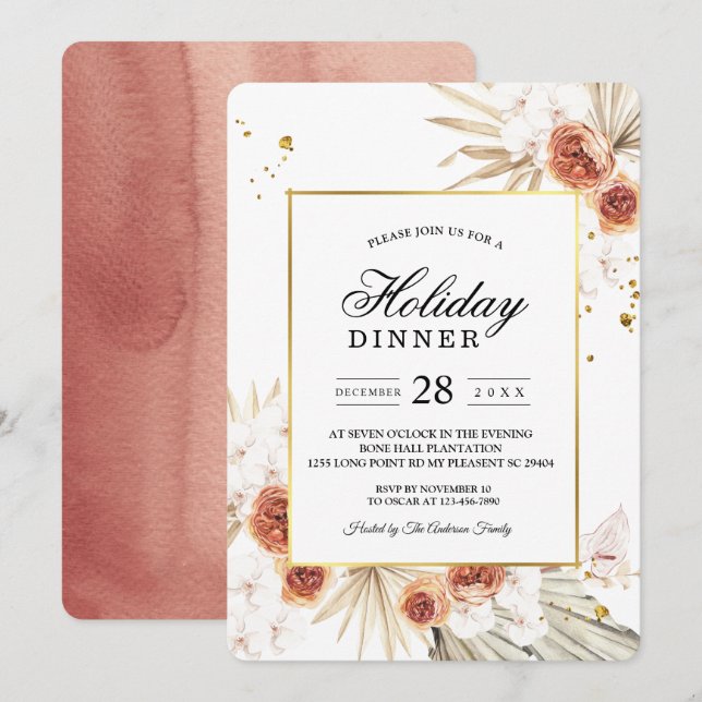 Invitación Marco dorado de la hoja de palma seca de terracota (Anverso / Reverso)