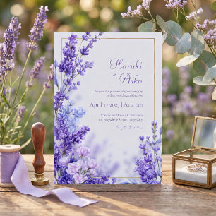 Invitación Marco Dorado de Lavanda Botánica Violeta Vibrante