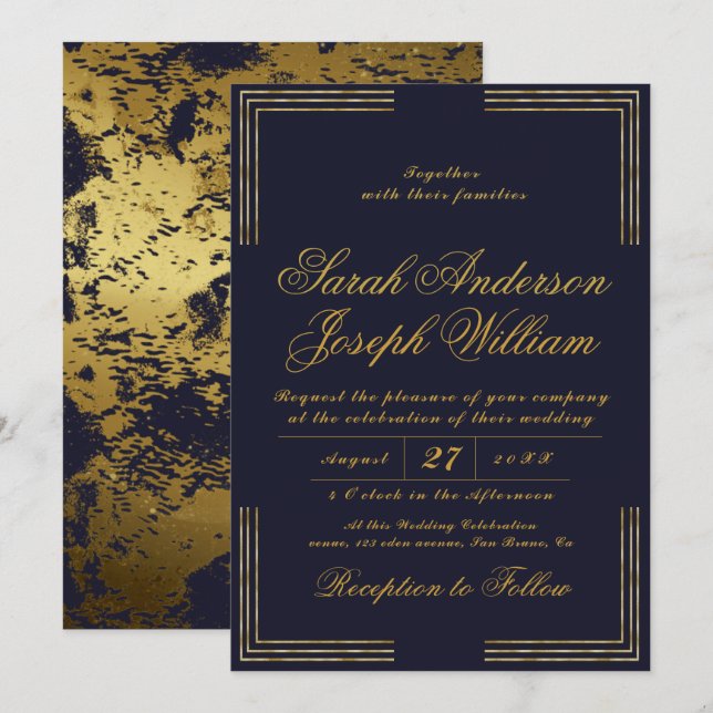 Invitación Marco dorado de lujo y Boda de Relieve metalizado  (Anverso / Reverso)