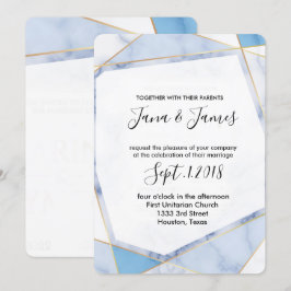 Invitación Marco dorado de mármol blanco y azul Boda moderno