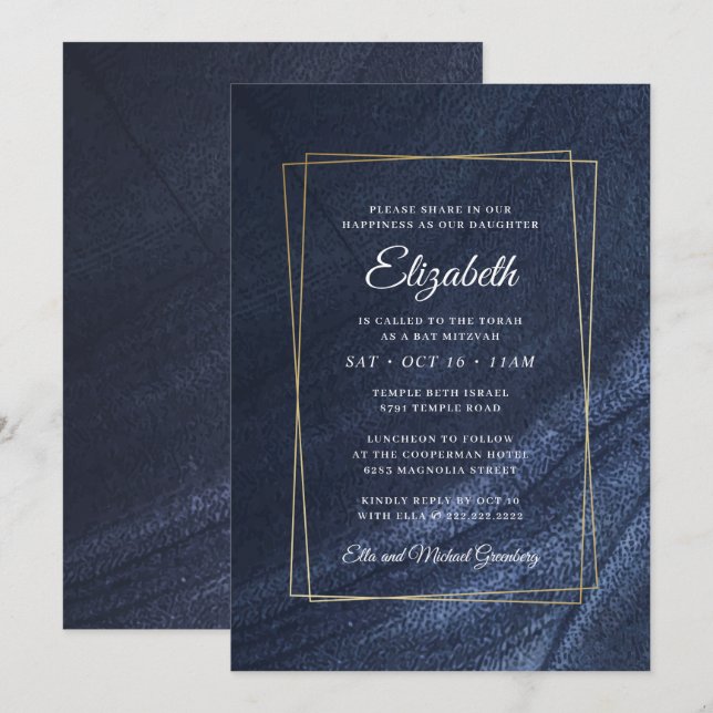 Invitación Marco dorado de monograma moderno Bat Mitzvah (Anverso / Reverso)
