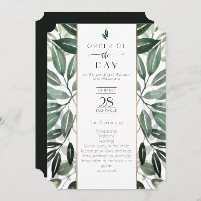 Invitación Marco dorado de selva esmeralda Orden de servicio (Anverso / Reverso)