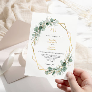 Invitación Marco dorado de verde Boda de monograma simple