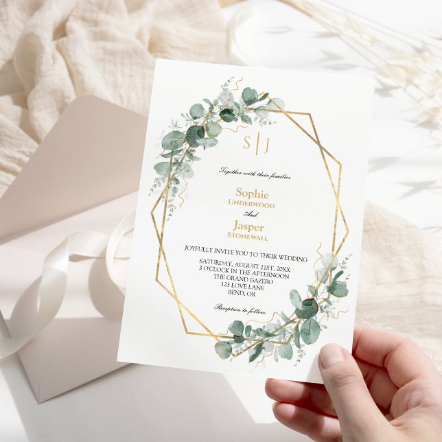 Invitación Marco dorado de verde Boda de monograma simple (Subido por el creador)