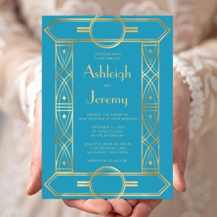 Invitación Marco Dorado Deco Vintage Boda Turquesa
