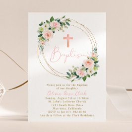 Invitación Marco dorado del bautismo floral rosa