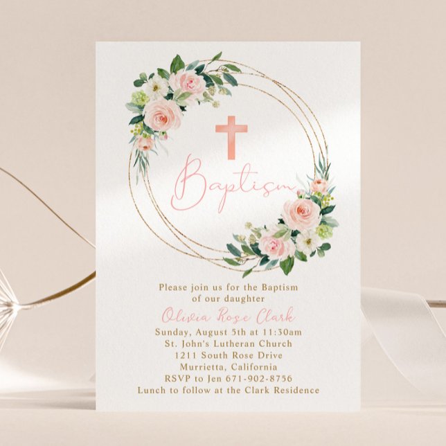 Invitación Marco dorado del bautismo floral rosa (Subido por el creador)