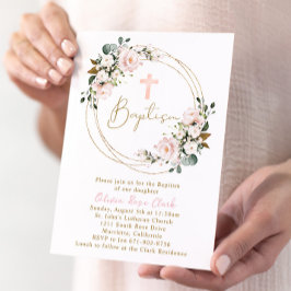 Invitación Marco dorado del bautismo floral rosado de Rubor