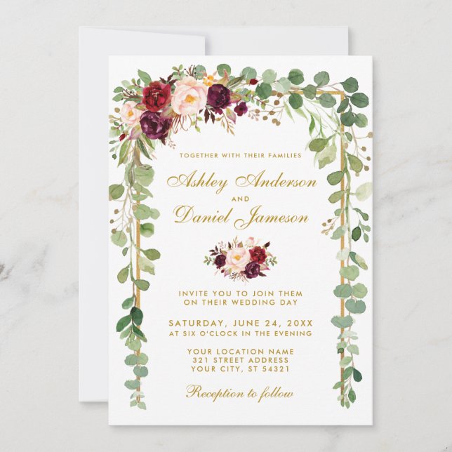 Invitación Marco dorado del Boda floral borgoñoso botánico (Anverso)
